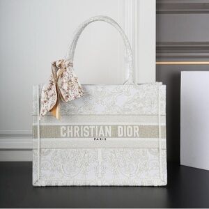 Dior White & Gold Brocade Book Tote with Scarf Accent